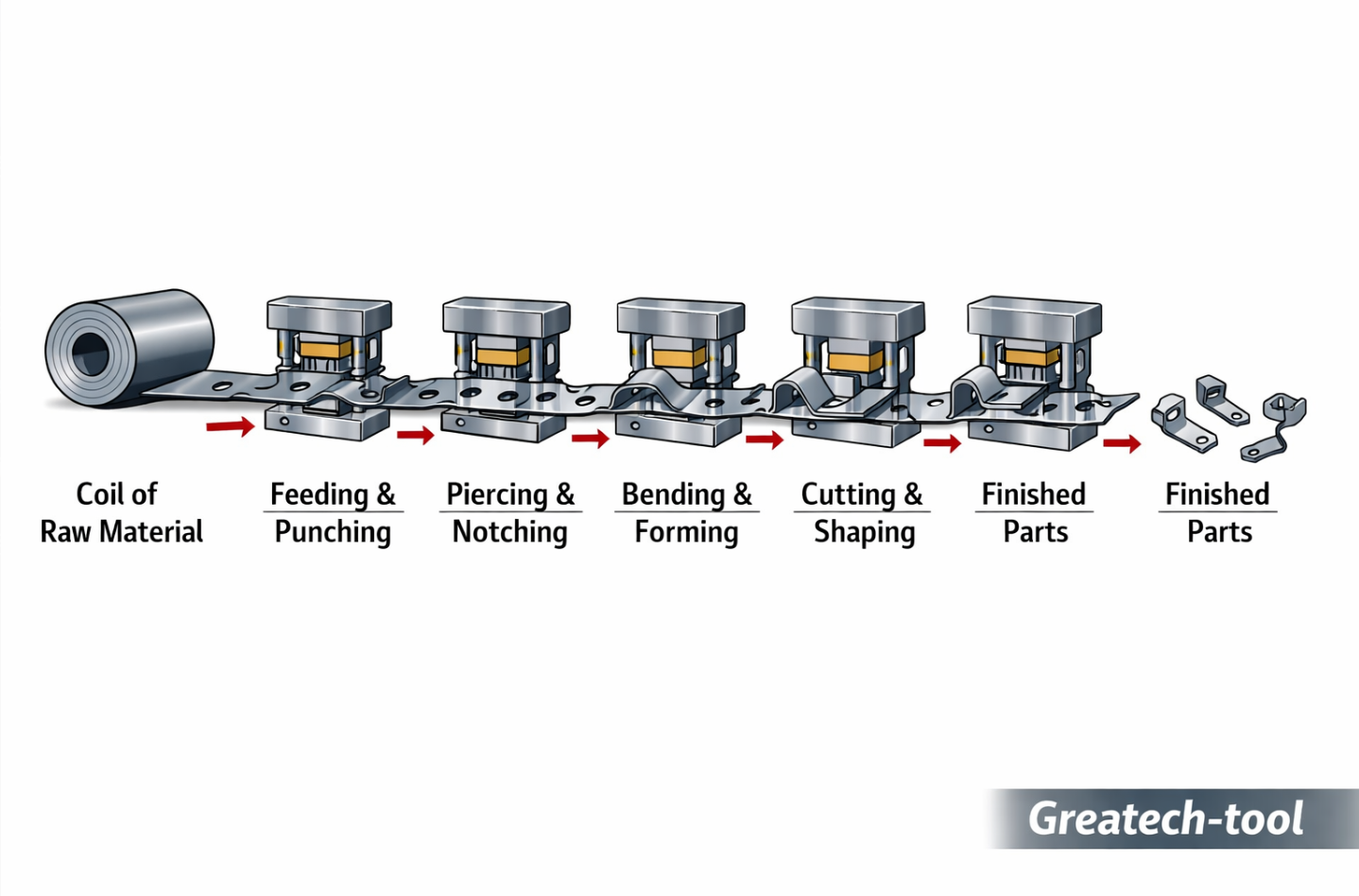Progressive die stamping process flow for complex metal parts